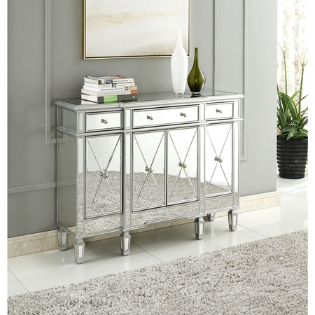 Elegant Decor 3 Drawer 4 Door Cabinet 48 .In. X 14 In. X 36 In. In Silver Clear MF6-1111SC